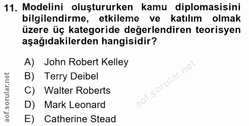 11. soru: Modelini oluştururken kamu diplomasisini bilgilendirme, etkileme ve katılım olmak üzere üç kategoride değerlendiren t…