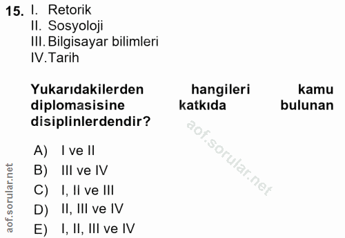 15. soru: I. Retorik II. Sosyoloji III. Bilgisayar bilimleri IV.Tarih Yukarıdakilerden hangileri kamu diplomasisine katkıda bul…