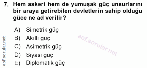 7. soru: Hem askeri hem de yumuşak güç unsurlarını bir araya getirebilen devletlerin sahip olduğu güce ne ad verilir? A) Simet…