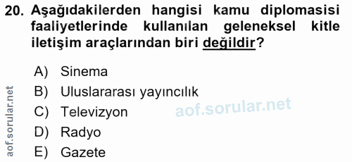 20. soru: Aşağıdakilerden hangisi kamu diplomasisi faaliyetlerinde kullanılan geleneksel kitle iletişim araçlarından biri değil…