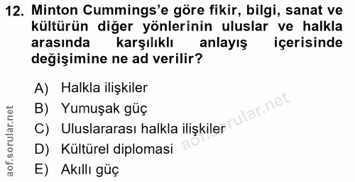 12. soru: Minton Cummings'e göre fikir, bilgi, sanat ve kültürün diğer yönlerinin uluslar ve halkla arasında karşılıklı anlayış…