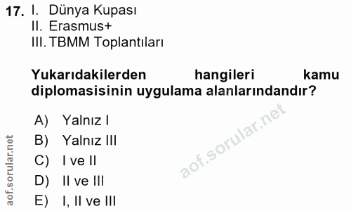 17. soru: I. Dünya Kupası Il. Erasmus+ III. TBMM Toplantıları Yukarıdakilerden hangileri kamu diplomasisinin uygulama alanların…