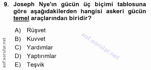 9. soru: Joseph Nye'in gücün üç biçimi tablosuna göre aşağıdakilerden hangisi askeri gücün temel araçlarından biridir? A) Rüşv…