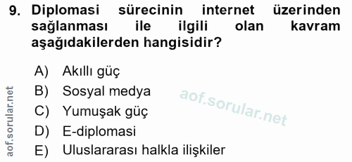 9. soru: Diplomasi sürecinin internet üzerinden saglanması ile ilgili olan kavram aşağıdakilerden hangisidir? A) Akıllı güç B)…