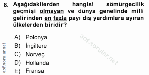 8. soru: Aşağıdakilerden hangisi sömürgecilik geçmişi olmayan ve dünya genelinde milli gelirinden en fazla payı dış yardımlara…