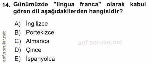 14. soru: Günümüzde "lingua franca" olarak kabul gören dil aşağıdakilerden hangisidir? A) Ingilizce rular.net B) Portekizce C)…