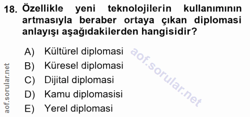 18. soru: Özellikle yeni teknolojilerin • kullanımının artmasıyla beraber ortaya çıkan diplomasi anlayışı aşağıdakilerden hangi…