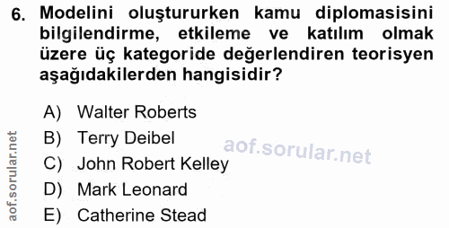 6. soru: Modelini oluştururken kamu diplomasisini bilgilendirme, etkileme ve katılım olmak üzere üç kategoride değerlendiren t…