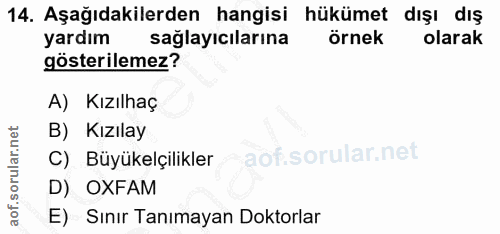 14. soru: Aşağıdakilerden hangisi hükümet dışı dış yardım sağlayıcılarına örnek olarak gösterilemez? A) Kızılhaç B) Kızılay C)…