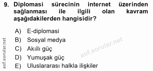 9. soru: Diplomasi sürecinin internet üzerinden sağlanması ile ilgili olan kavram aşağıdakilerden hangisidir? A) E-diplomasi B…