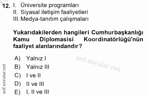 12. soru: I. Üniversite programları II. Siyasal iletişim faaliyetleri Ill. Medya-tanıtım çalışmaları Yukarıdakilerden hangileri…