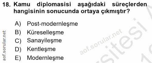 18. soru: Kamu diplomasisi aşağıdaki süreçlerden hangisinin sonucunda ortaya çıkmıştır? A) Post-modernleşme B) Küreselleşme C)…