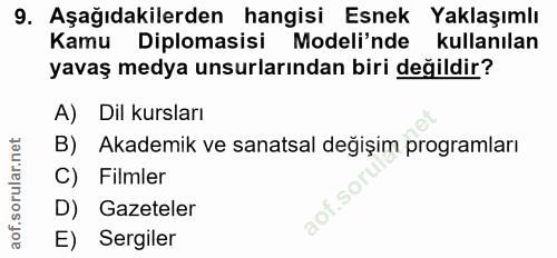 9. soru: Aşağıdakilerden hangisi Esnek Yaklaşımlı Kamu Diplomasisi Modeli'nde kullanılan yavaş medya unsurlarından biri değild…