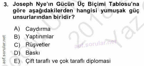 3. soru: Joseph Nye'ın Gücün Üç Biçimi Tablosu'na göre aşağıdakilerden hangisi yumuşak güç unsurlarından biridir? A) Caydırma…