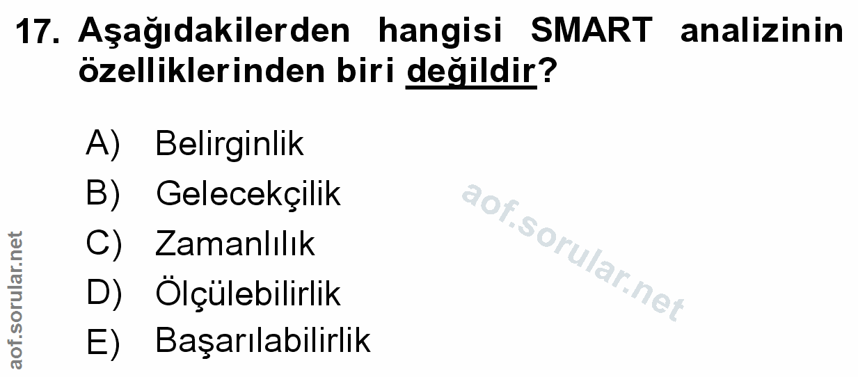 17. soru: Aşağıdakilerden hangisi SMART analizinin özelliklerinden biri değildir? A) Belirginlik B) Gelecekçilik C) Zamanlılık…