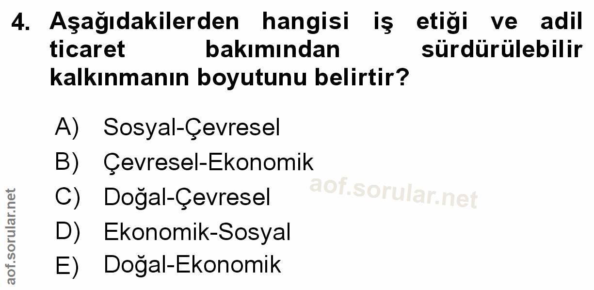 4. soru: Aşağıdakilerden hangisi iş etiği ve adil ticaret bakımından sürdürülebilir kalkınmanın boyutunu belirtir? A) Sosyal-Ç…