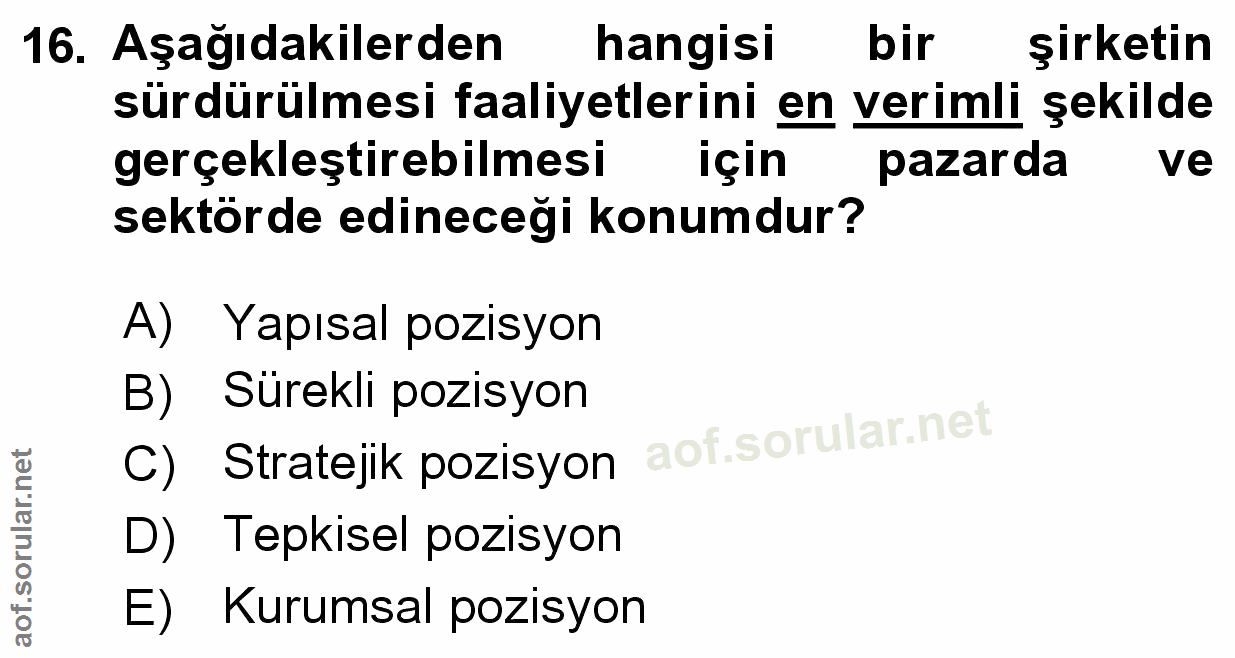 16. soru: Aşağıdakilerden hangisi ( bir şirketin sürdürülmesi faaliyetlerini en verimli şekilde gerçekleştirebilmesi için pazar…