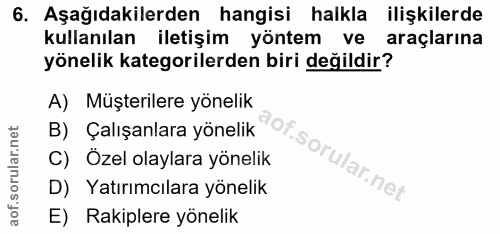 6. soru: Aşağıdakilerden hangisi halkla ilişkilerde kullanılan iletişim yöntem ve araçlarına yönelik kategorilerden biri değil…