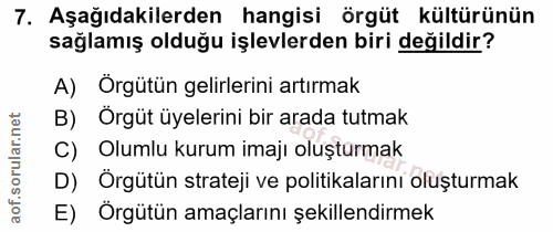 7. soru: Aşağıdakilerden hangisi örgüt kültürünün sağlamış olduğu işlevlerden biri değildir? A) Örgütün gelirlerini artırmak B…