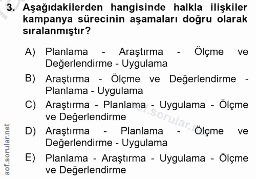 3. soru: Aşağıdakilerden hangisinde halkla ilişkiler kampanya sürecinin aşamaları doğru olarak sıralanmıştır? A) Planlama - Ar…