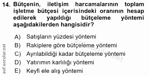 14. soru: Bütçenin, iletişim harcamalarının toplam işletme bütçesi içerisindeki oranının hesap edilerek yapıldığı bütçeleme yön…