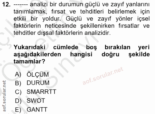 12. soru: ——— analizi bir durumun güçlü ve zayıf yanlarını tanımlamak, fırsat ve tehditleri belirlemek için etkili_ bir yoldur.…