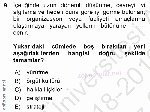 9. soru: İçeriğinde uzun dönemli düşünme, çevreyi iyi algılama ve hedefi buna göre iyi görme bulunan, bir organizasyon veya fa…
