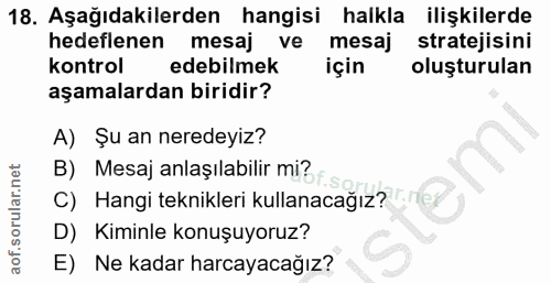 18. soru: Aşağıdakilerden hangisi halkla ilişkilerde hedeflenen mesaj ve mesaj stratejisini kontrol edebilmek için oluşturulan…