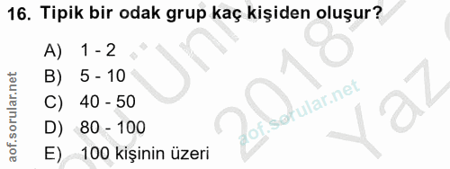 16. soru: Tipik bir odak grup kaç kişiden oluşur? A) 1 - 2 5 - 10 40 - 50 aof.sofular.net D) 80 - 100 E) 100 kişinin üzeri