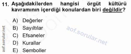 11. soru: Aşağıdakilerden hangisi örgüt kültürü kavramının içerdiği konulardan biri değildir? A) Değerler B) Sayıltılar C) Efsa…