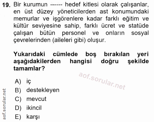 19. soru: Bir kurumun -- hedef kitlesi olarak çalışanlar, en üst düzey yöneticilerden ast konumundaki memurlar ve işgörenlere k…