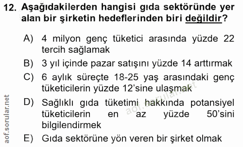 12. soru: Aşağıdakilerden hangisi gıda sektöründe yer alan bir şirketin hedeflerinden biri değildir? A) 4 milyon genç tüketici…