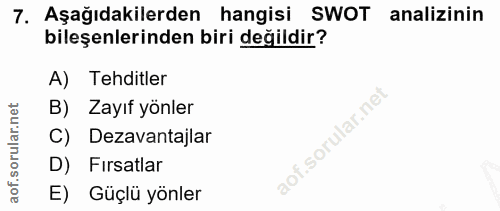 7. soru: Aşağıdakilerden hangisi SWOT analizinin bileşenlerinden biri değildir? A) Tehditler B) Zayıf yönler C) Dezavantajlar…