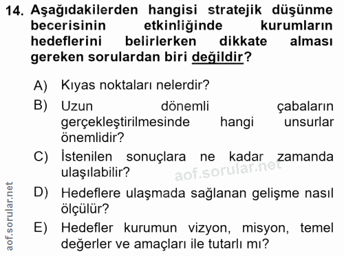 14. soru: Aşağıdakilerden hangisi stratejik düşünme becerisinin etkinliğinde kurumların hedeflerini belirlerken dikkate alması…