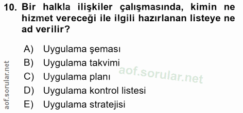 10. soru: Bir halkla ilişkiler çalışmasında, kimin ne hizmet vereceği ile ilgili hazırlanan listeye ne ad verilir? A) Uygulama…