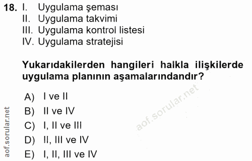 18. soru: I. Uygulama şeması II. Uygulama takvimi IlI. Uygulama kontrol listesi IV. Uygulama stratejisi Yukarıdakilerden hangil…