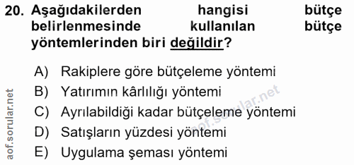 20. soru: Aşağıdakilerden hangisi bütçe belirlenmesinde kullanılan bütçe yöntemlerinden biri değildir? A) Rakiplere göre bütçel…