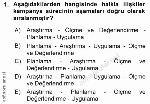 1. soru: Aşağıdakilerden hangisinde halkla ilişkiler kampanya sürecinin aşamaları doğru olarak sıralanmıştır? A) Araştırma - Ö…