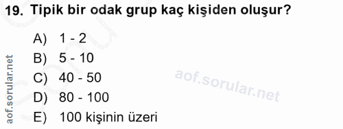 19. soru: Tipik bir odak grup kaç kişiden oluşur? A) 1 - 2 B) 5 - 10 C) 40 - 50 D) 80 - 100 E) 100 kişinin üzeri