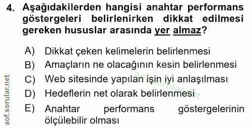 4. soru: Aşağıdakilerden hangisi anahtar performans göstergeleri belirlenirken dikkat edilmesi gereken hususlar arasında yer a…