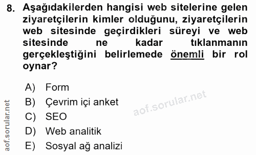 8. soru: Aşağıdakilerden hangisi web sitelerine gelen ziyaretçilerin kimler olduğunu, ziyaretçilerin web sitesinde geçirdikler…