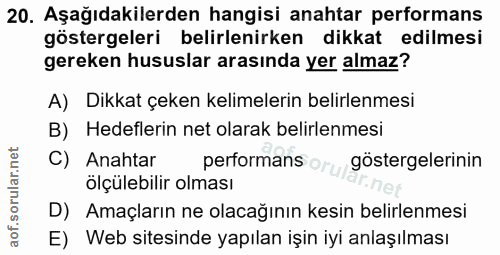 20. soru: Aşağıdakilerden hangisi anahtar performans göstergeleri belirlenirken dikkat edilmesi gereken hususlar arasında yer a…