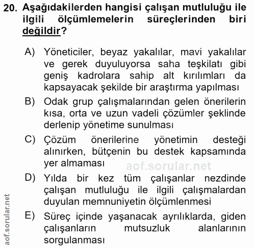 20. soru: Aşağıdakilerden hangisi çalışan mutluluğu ile ilgili ölçümlemelerin süreçlerinden biri değildir? A) Yöneticiler, beya…