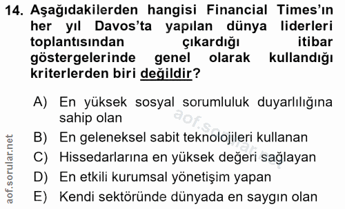 14. soru: Aşağıdakilerden hangisi Financial Times'in her yıl Davos'ta yapılan dünya liderleri toplantısından çıkardığı itibar g…