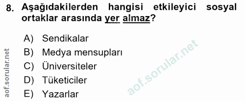 8. soru: Aşağıdakilerden hangisi etkileyici sosyal ortaklar arasında yer almaz? A) Sendikalar B) I Medya mensupları C) | Unive…