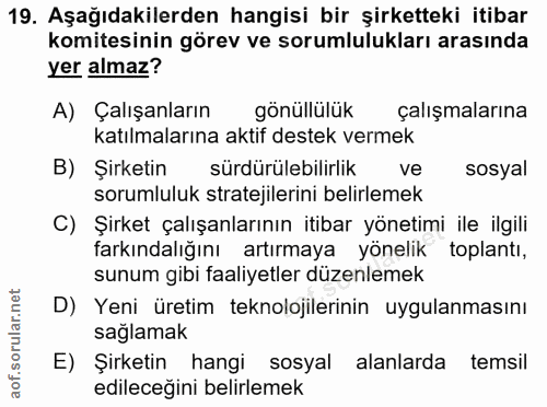 19. soru: Aşağıdakilerden hangisi bir şirketteki itibar komitesinin görev ve sorumlulukları arasında yer almaz? A) Çalışanların…