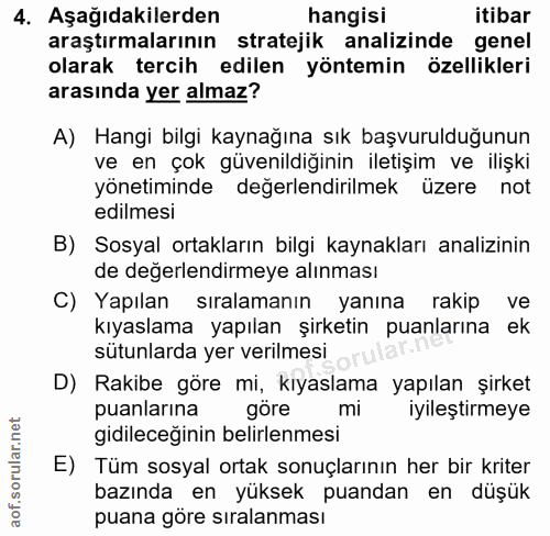 4. soru: Aşağıdakilerden hangisi itibar araştırmalarının stratejik analizinde genel olarak tercih edilen yöntemin özellikleri…