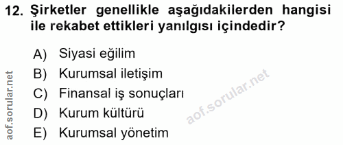 12. soru: Şirketler genellikle aşağıdakilerden hangisi ile rekabet ettikleri yanılgısı içindedir? A) Siyasi eğilim B) Kurumsal…