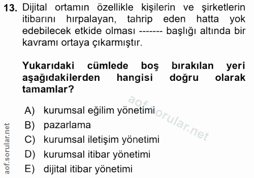13. soru: Dijital ortamın özellikle kişilerin ve şirketlerin itibarını hırpalayan, tahrip eden hatta yok edebilecek etkide olma…