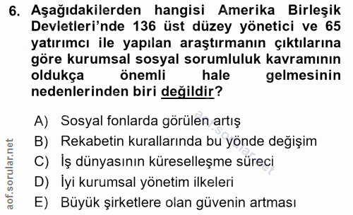 6. soru: Aşağıdakilerden hangisi Amerika Birleşik Devletleri'nde 136 üst düzey yönetici ve 65 yatırımcı ile yapılan araştırman…